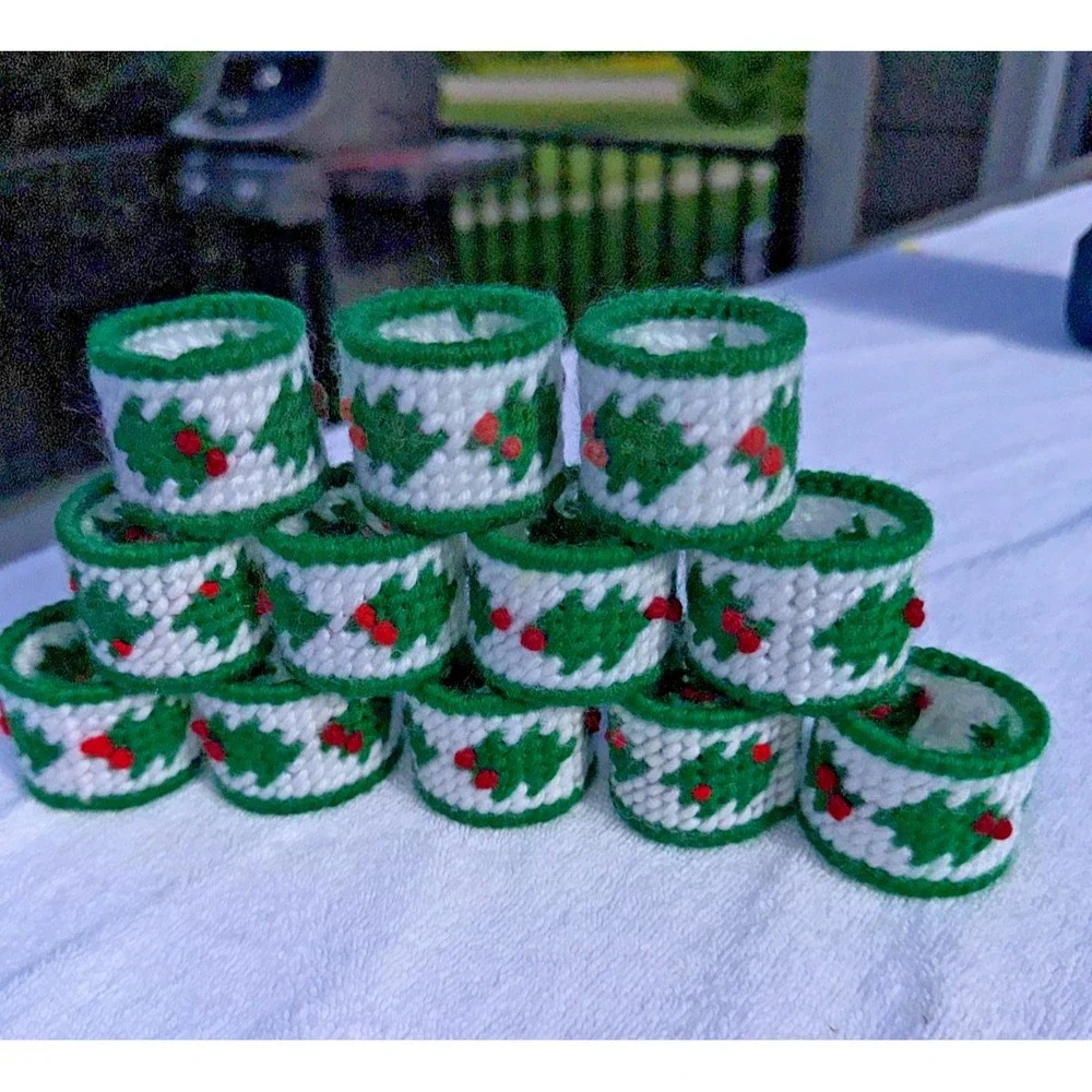 Set of 12 VTG Christmas Holly Berries Needlepoint Napkin Rings Handmade Holiday